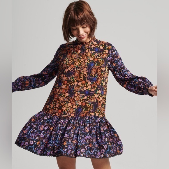 Superdry Dresses & Skirts - Superdry Multicolor Paisley High Neck Long Sleeve Cottagecore Boho Mini Dress